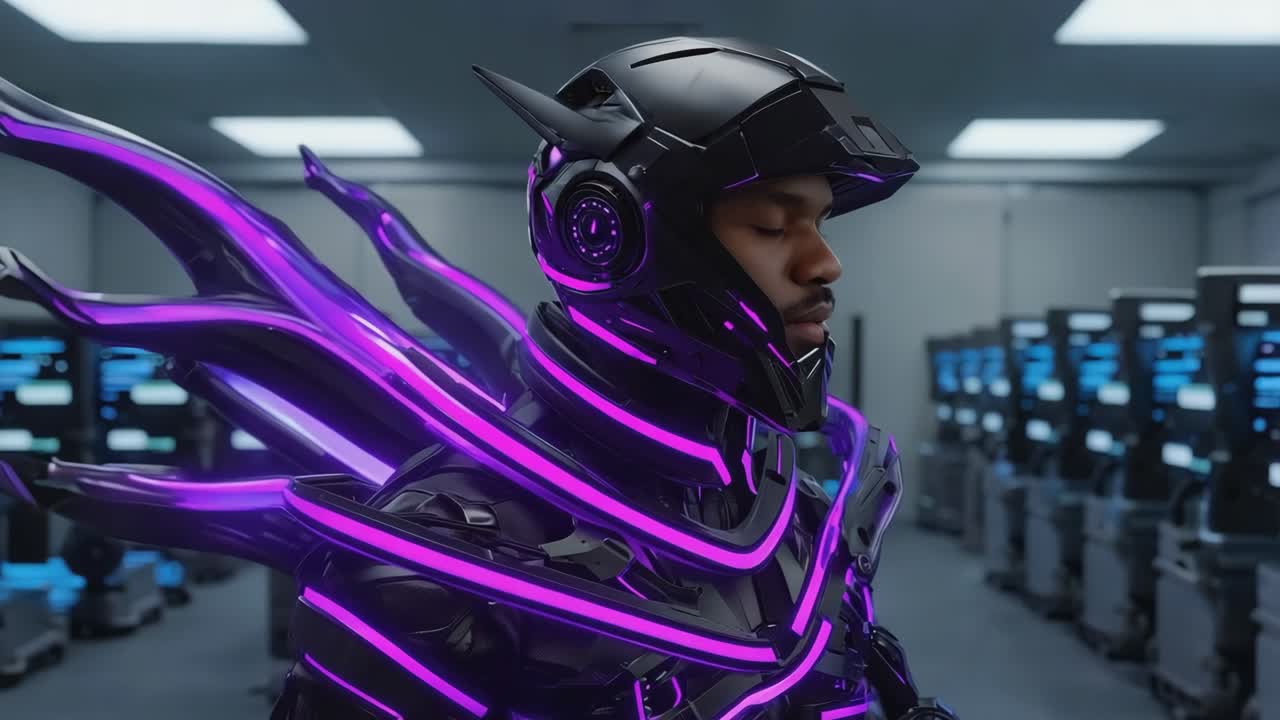 A futuristic cyborg warrior in a neon-lit environment