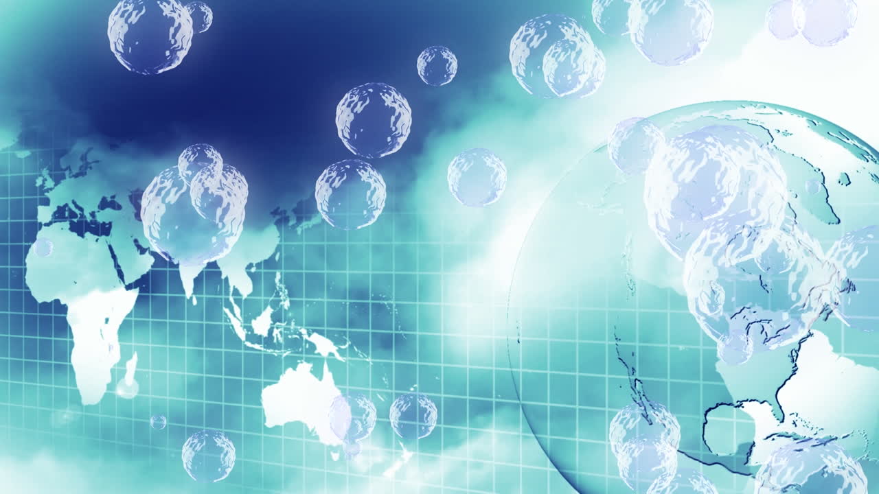 파란색 배경에 있는 지구와 세계 지도 위의 거품의 애니메이션