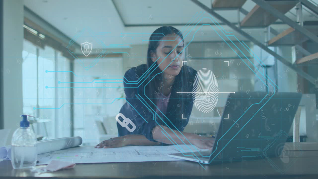 Reviewing architectural plans, woman with fingerprint scanning animation overlay