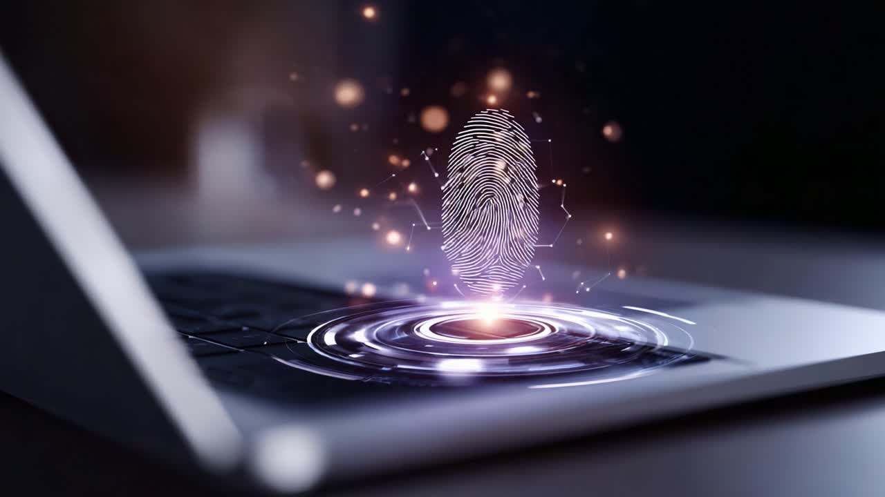 Advanced Security Technology Showcasing Fingerprint Recognition and Waveform Visualization on a Laptop Screen for Enhanced User Authentication and Privacy Protection