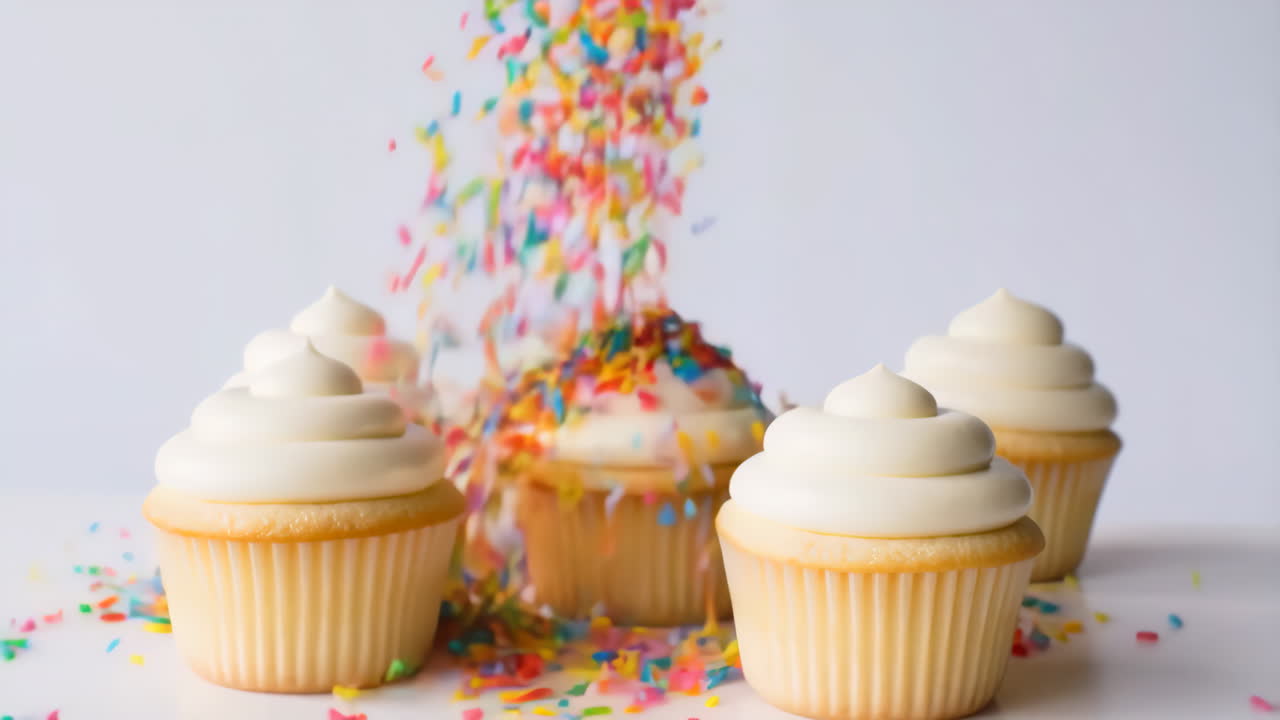 Cupcakes with Colorful Sprinkles Falling