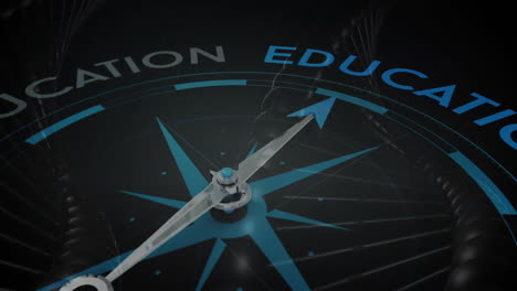 compass needle pointing towards education text animation over dark background