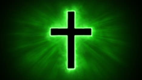 uplifting and deeply inspiring reveal animation of a plain classic green holy christian crucifix cross, in a smoky mystical glow and emating shining god rays and light beams, on a black background