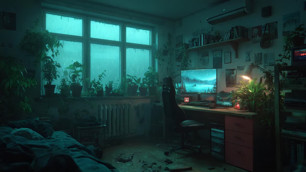 A Tranquil Indoor Escape: A Cozy Room Filled with Lush Green Plants and a Modern Workspace Bathed in Cool, Calming Blue Light During a Rainy Day