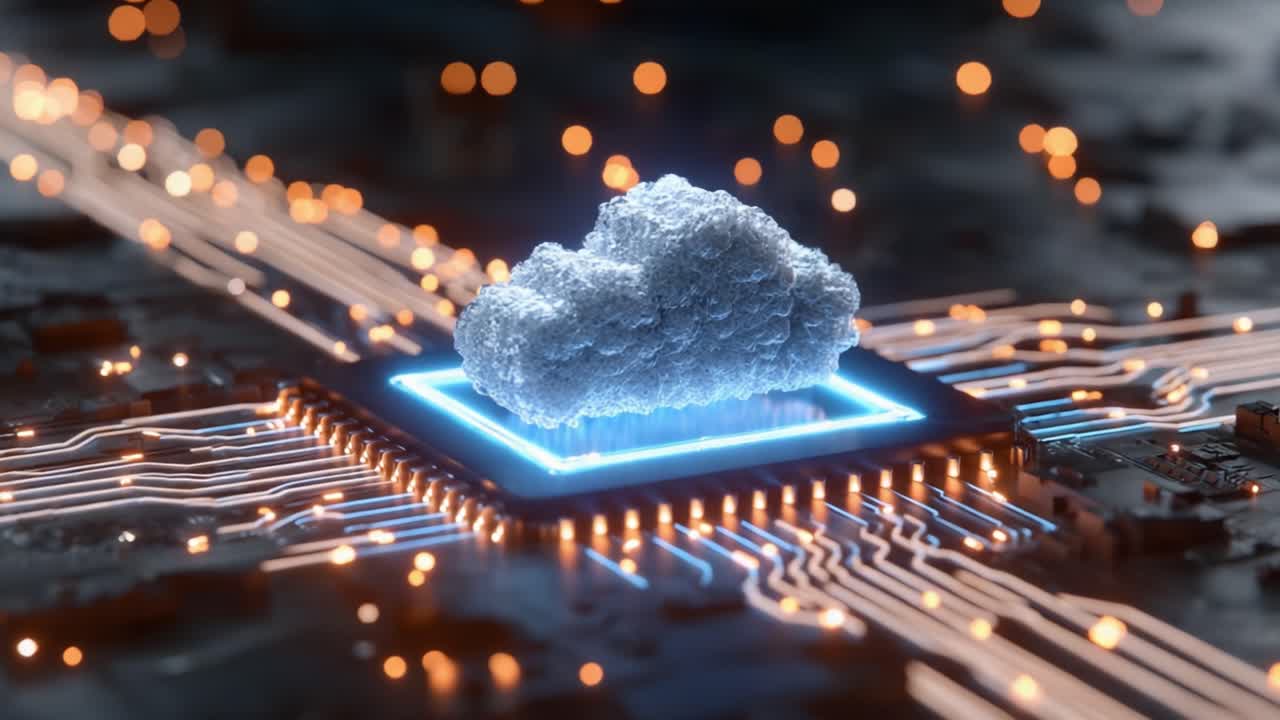 A Stunning Conceptual Visual Representing Cloud Computing Over a Processor, Highlighting the Interconnection of Technology and Digital Data Management in Modern Systems