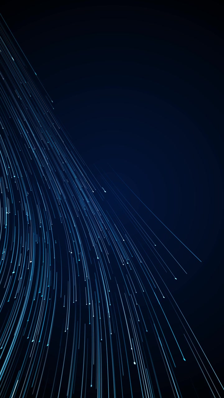 Cyan curved data lines sweep across a dark blue space with glowing points fast motion trails and