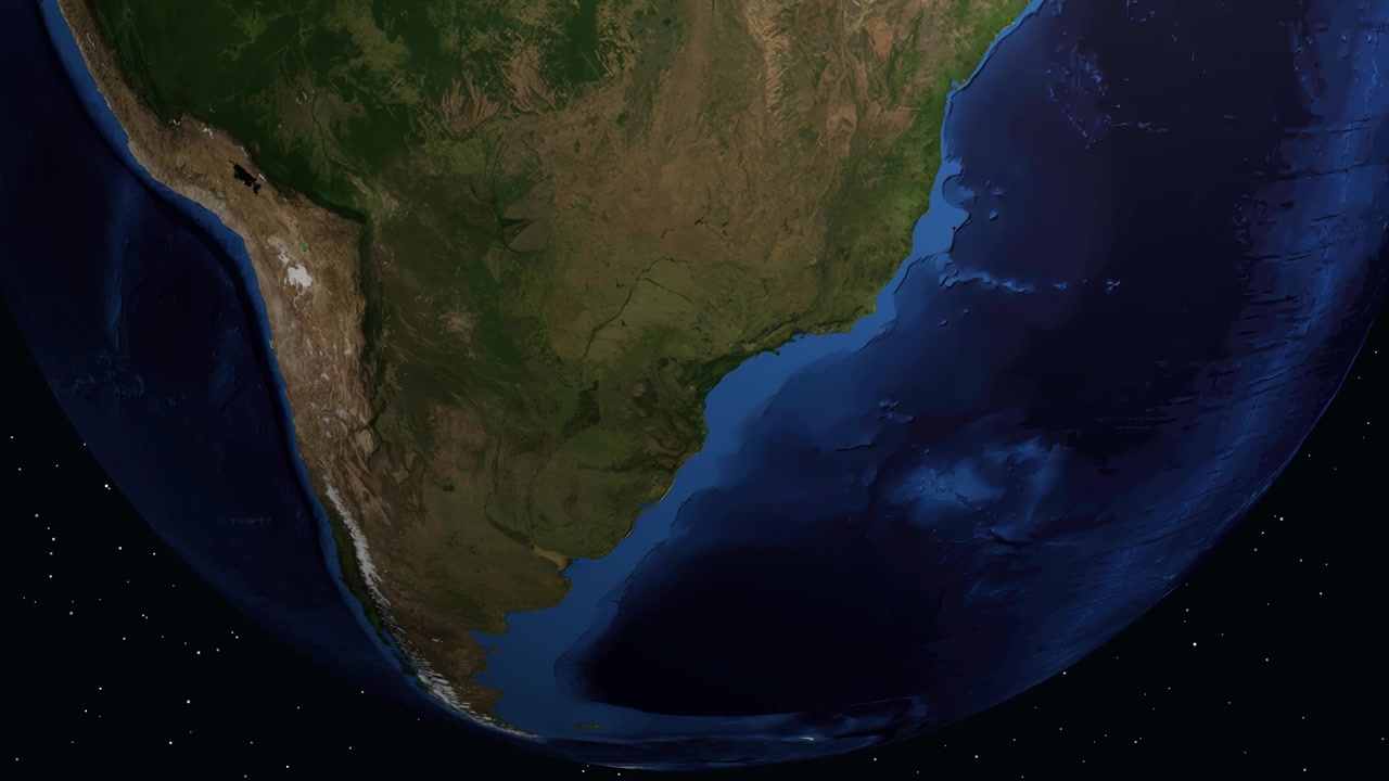 Digital globe rotates and zooms into South America, pinpointing a specific Brazilian city location