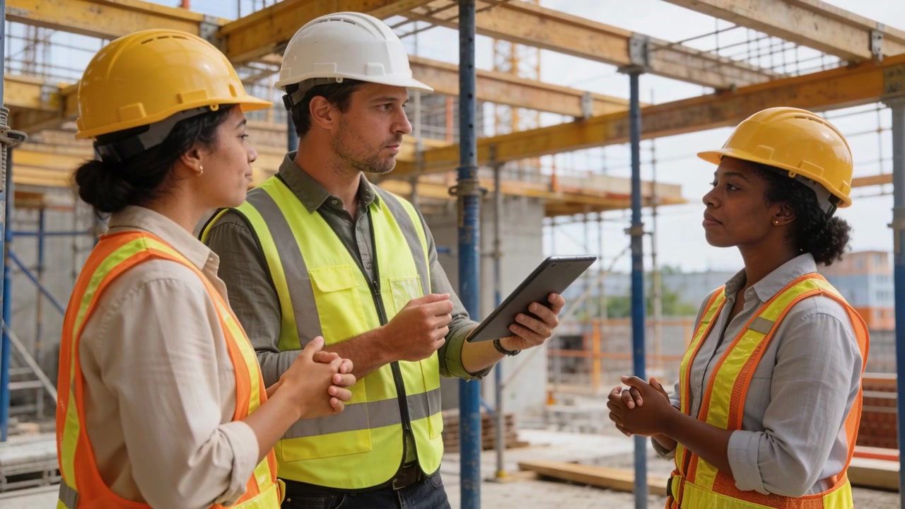 Pointing lead tapping tablet after prompt on site, discussing plan updates wearing hard hats, vests