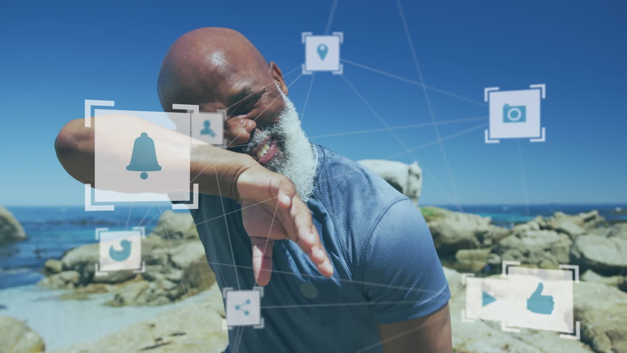 Animation of network of connections over tired senior african american man at beach