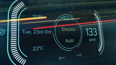 animation of interface with speedometer, fuel selection and status information, on black