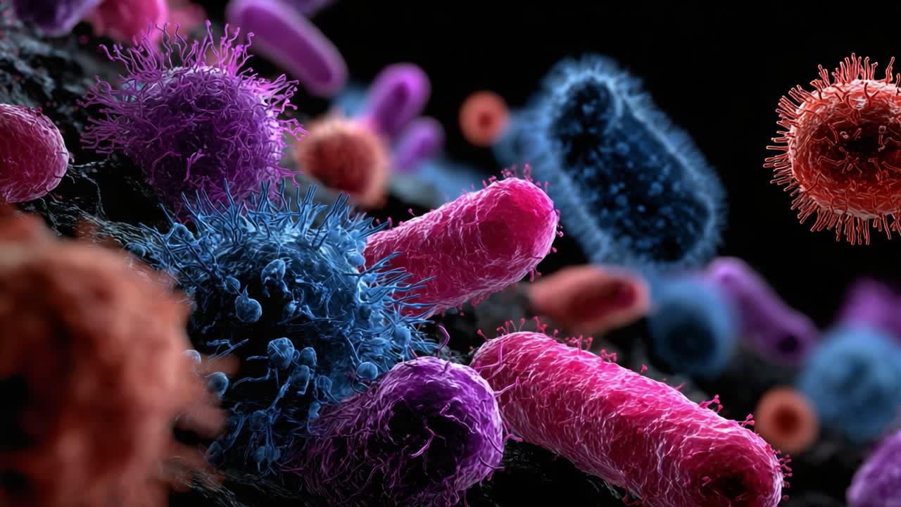 Una straordinaria visualizzazione di batteri microscopici in colori vivaci, che mostra le complessità della vita microbica e le loro interazioni in un ambiente scuro.