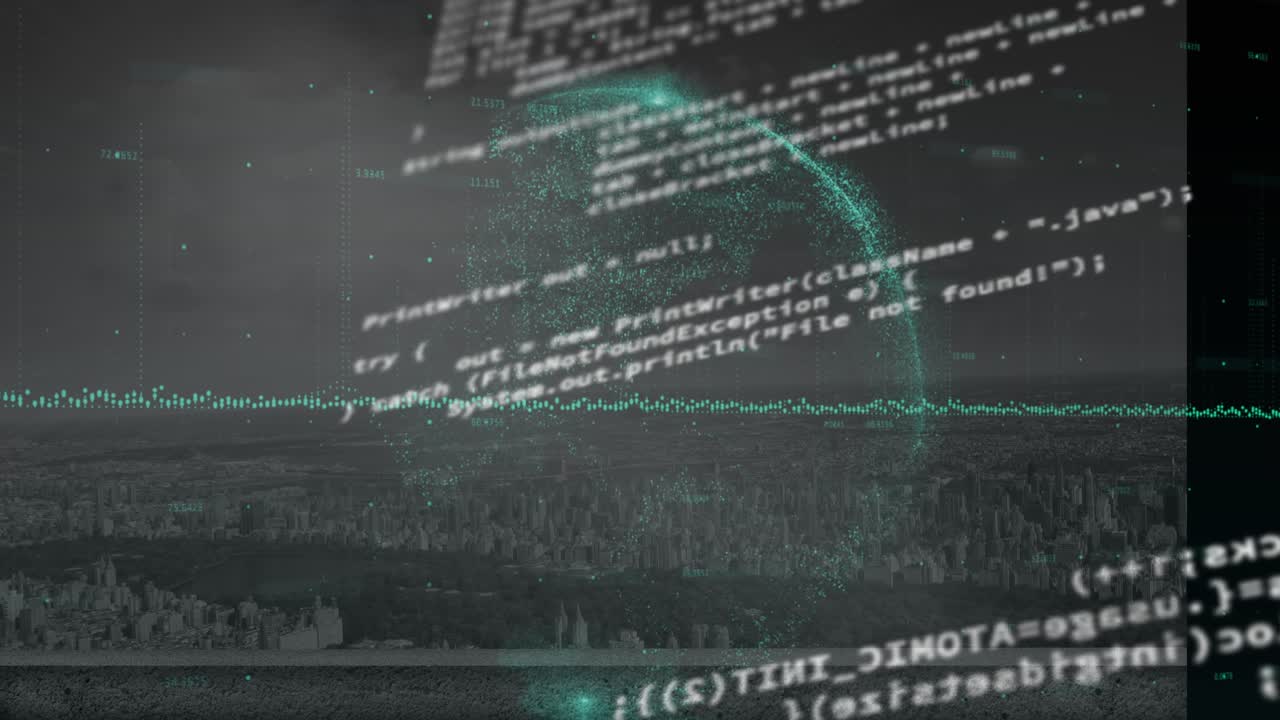 Animation of financial graphs and data processing over globe and cityscape