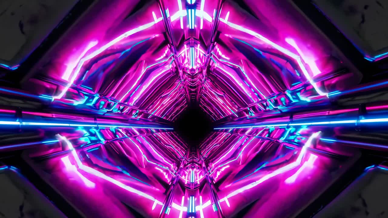 Futuristic video concept with neon lights forming a symmetrical tunnel