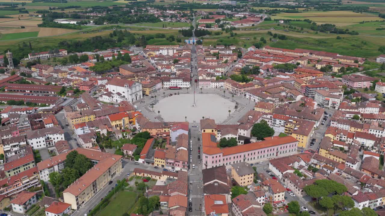 Elevated view of central Palmanova plaza surrounded by historical buildings and roads
