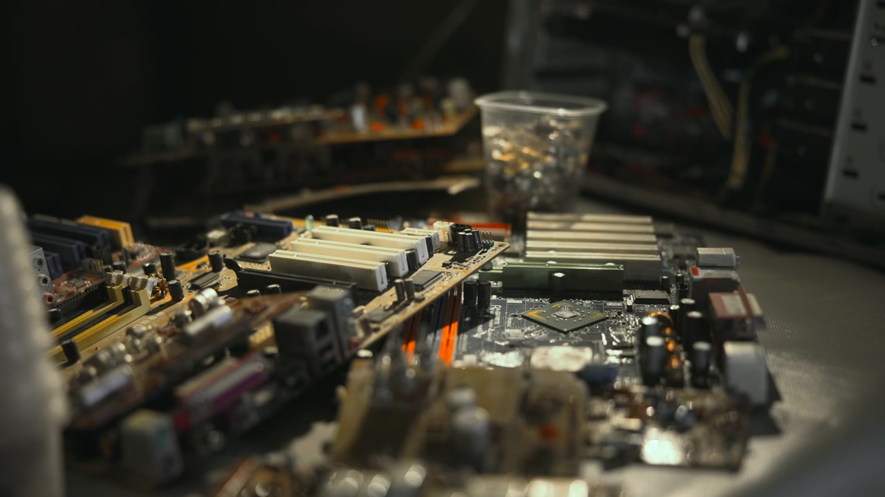 Makroansicht von montierten Motherboard-Komponenten mit gestapelten Modulen und Teilebehälter im Hintergrund, fokussiert