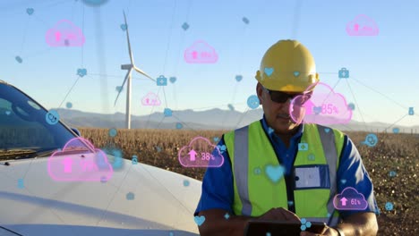 red de iconos de conexión y icono de nube con aumento contra el hombre que usa teléfono inteligente
