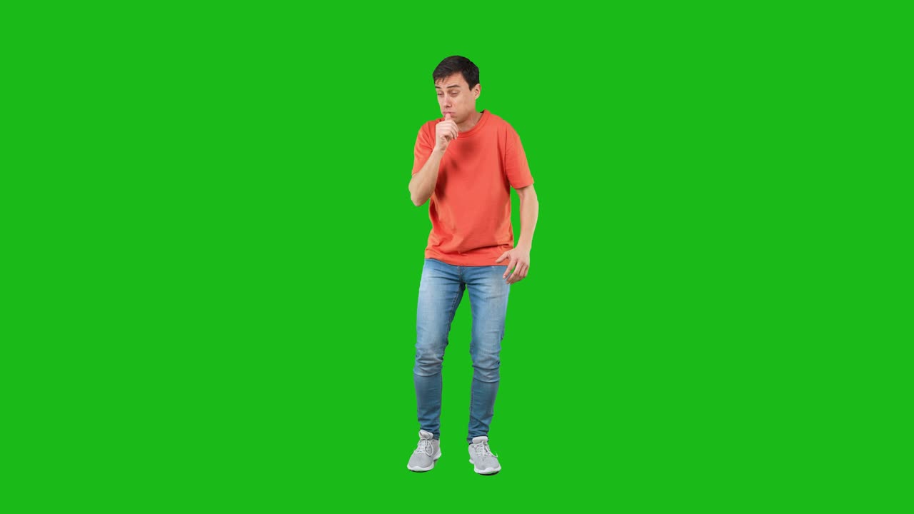 Man coughing and feeling nauseous on green screen