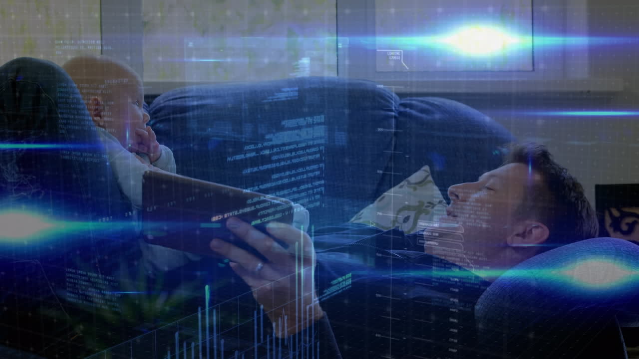 태블릿을 사용하는 아기를 가진 남자를 통해 금융 데이터 처리의 애니메이션