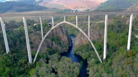 Aerial-View-Of-The-New-Ulla-Viaduct-With-Old-Gundian-Bridge-In-Background-In-Galicia