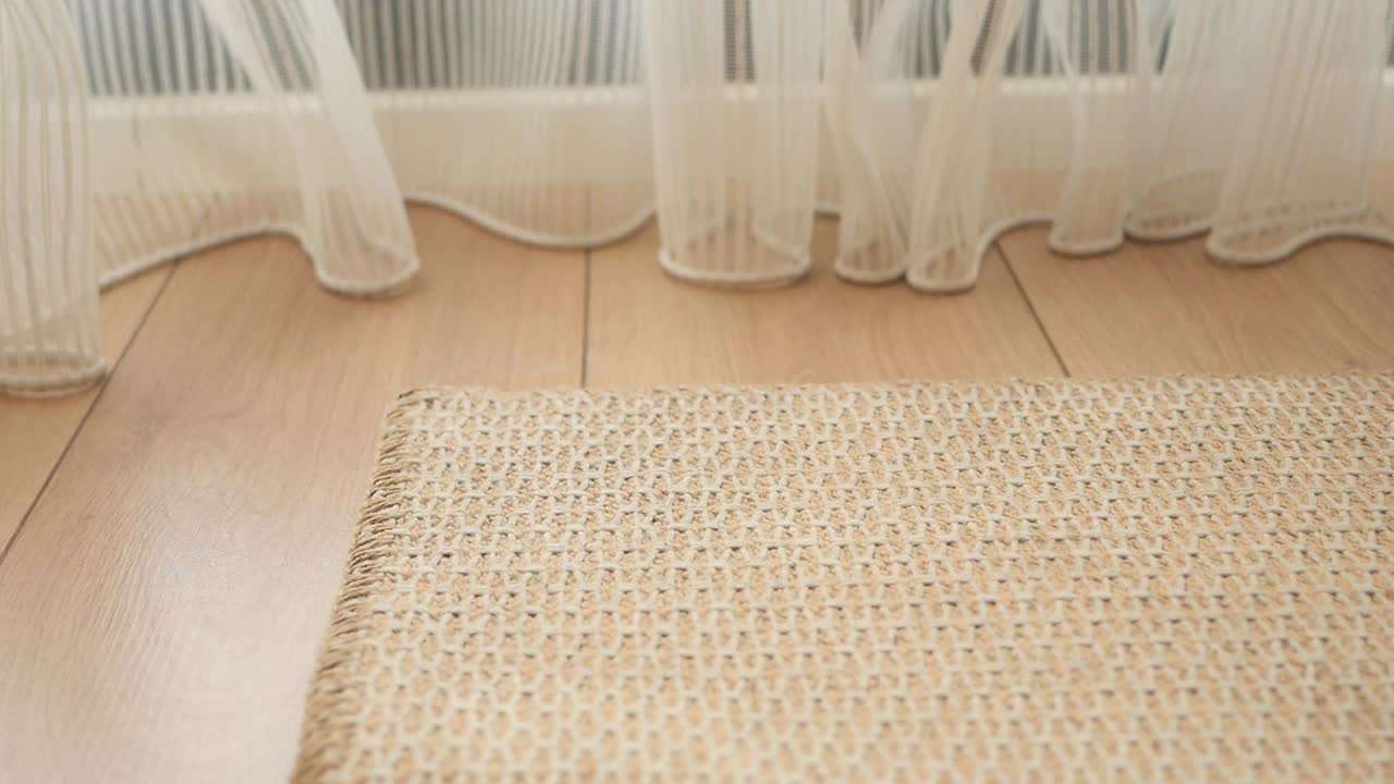 Wooden floor with a rug and curtains