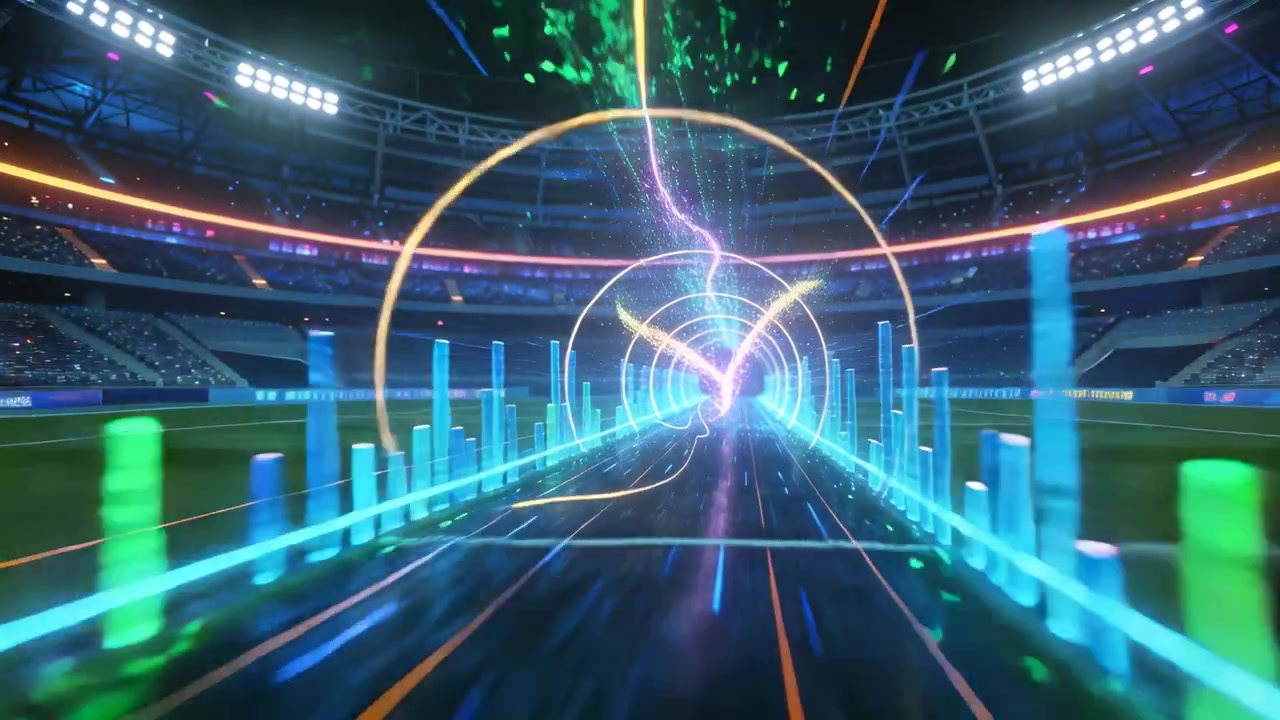 Percorso che scivola attraverso il tunnel dello stadio, con anelli che pulsano mentre un fulmine magenta scintilla esplosioni dorate per divampare.