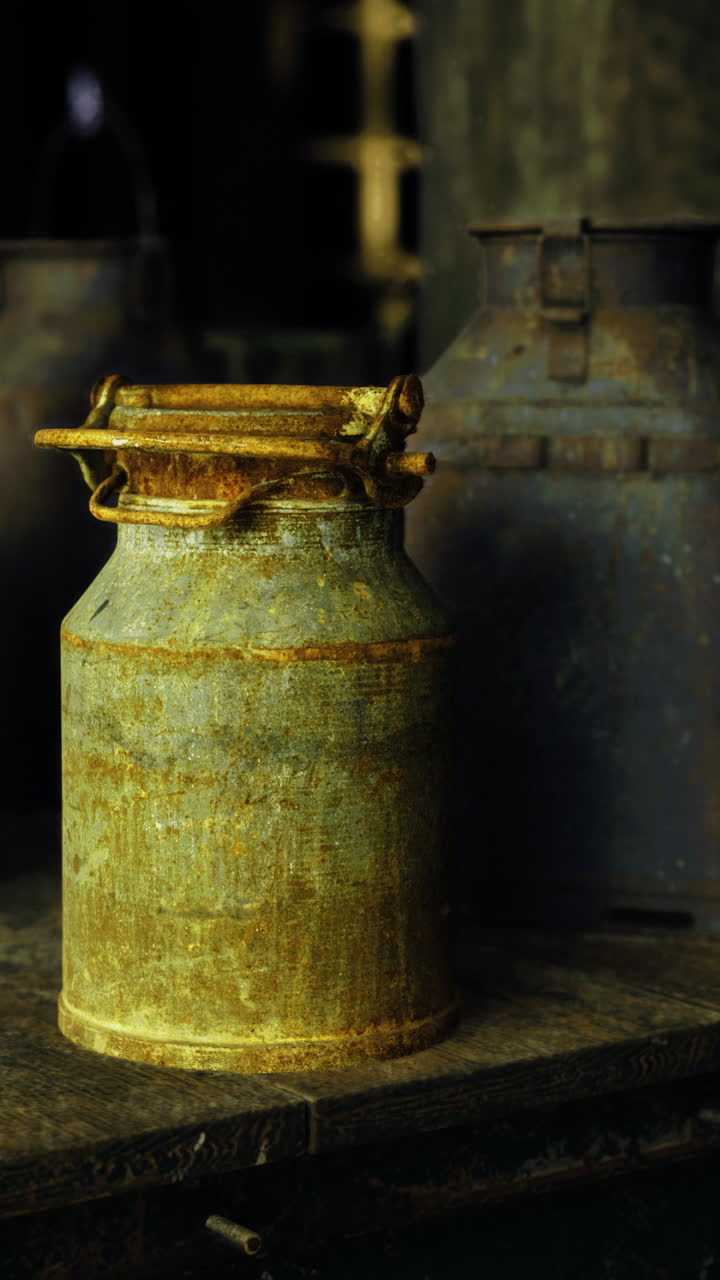 Vintage milk cans on rustic wooden table in a dimly lit barn