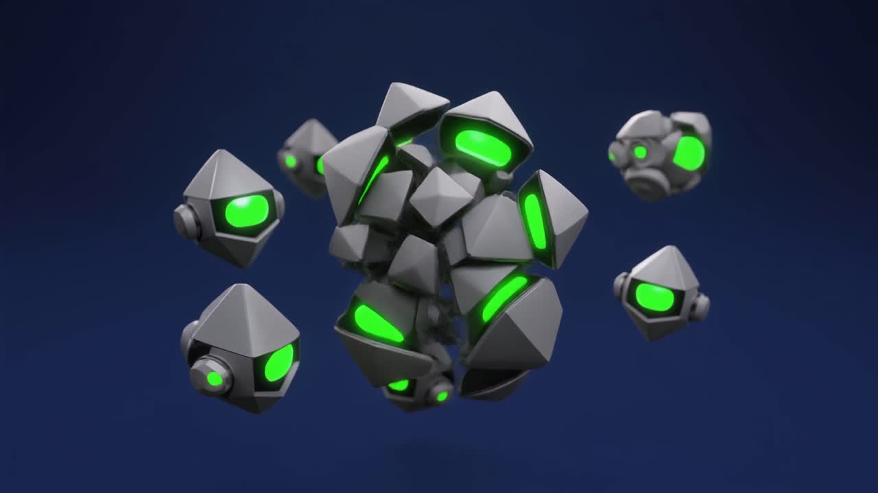 Geometrische KI-Roboter verschmelzen und trennen sich auf dunklem Hintergrund