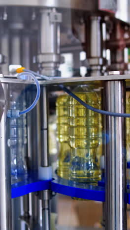 sunflower oil production plant. bottles filled with sunflower oil through special tubes. vertical video