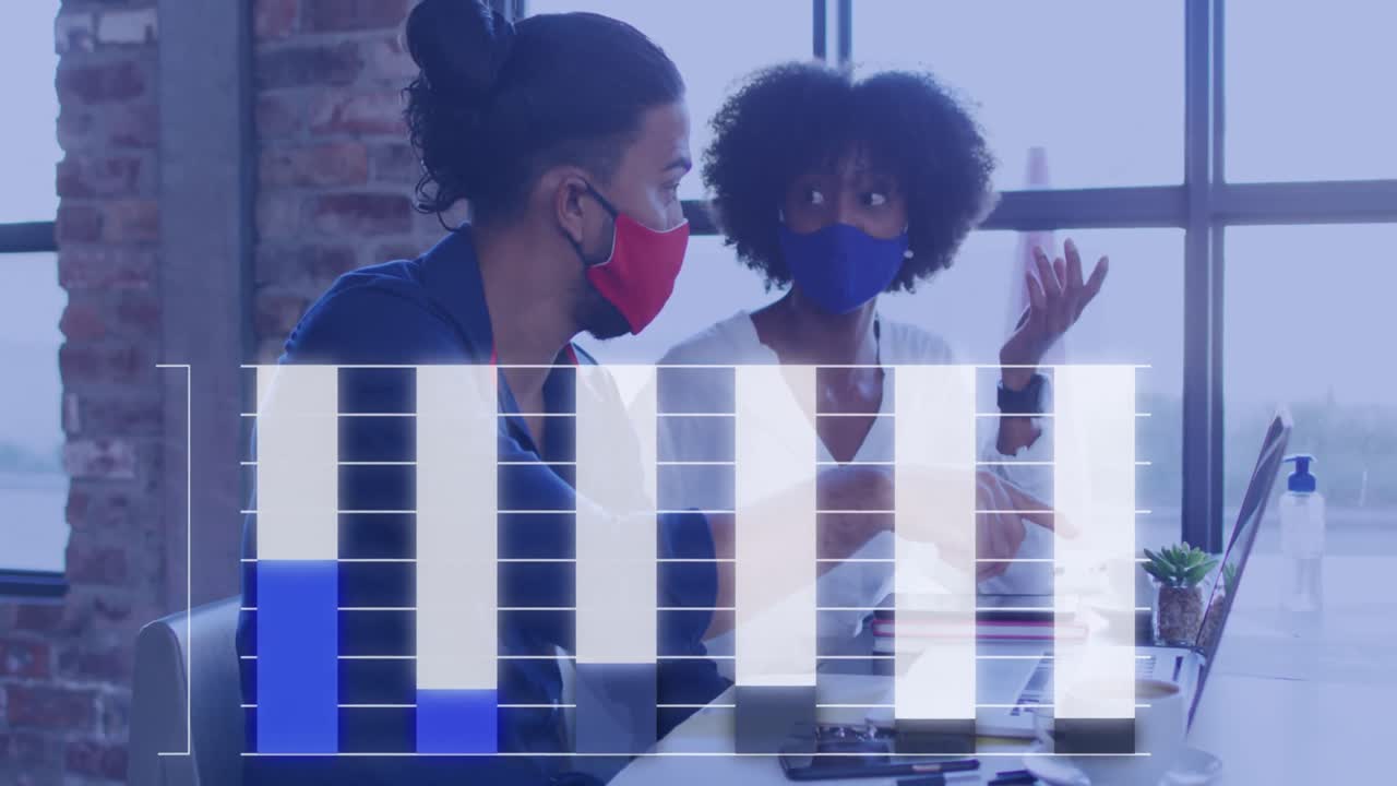 animación de un gráfico sobre diversos colegas masculinos y femeninos con máscaras faciales