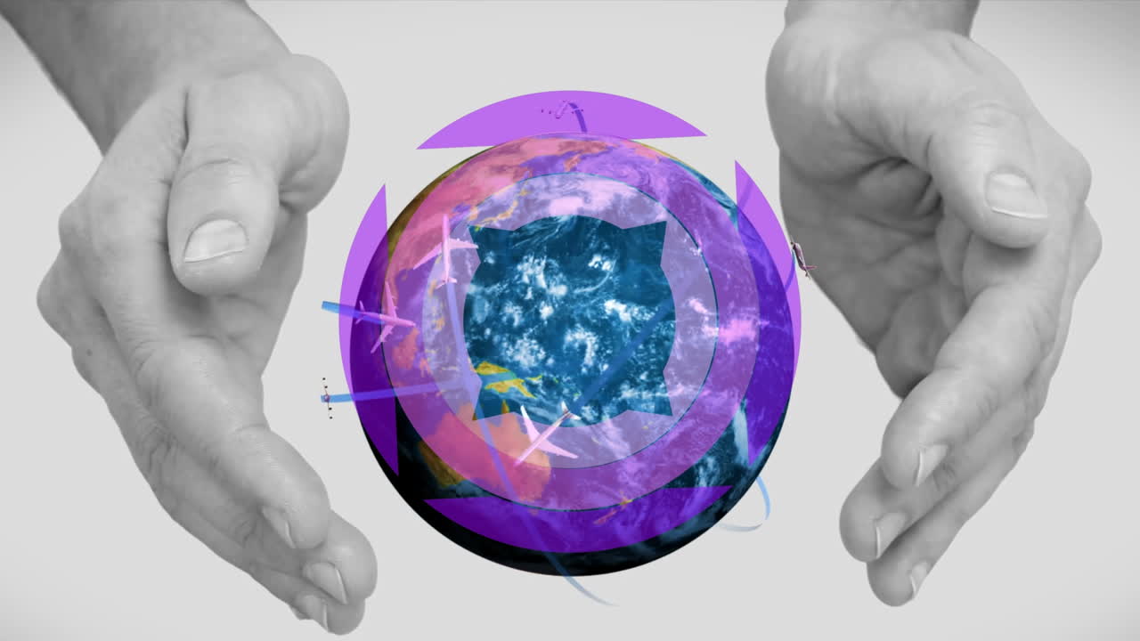 forma abstracta púrpura sobre iconos de avión que vuelan sobre el globo y manos en tazas contra un fondo gris