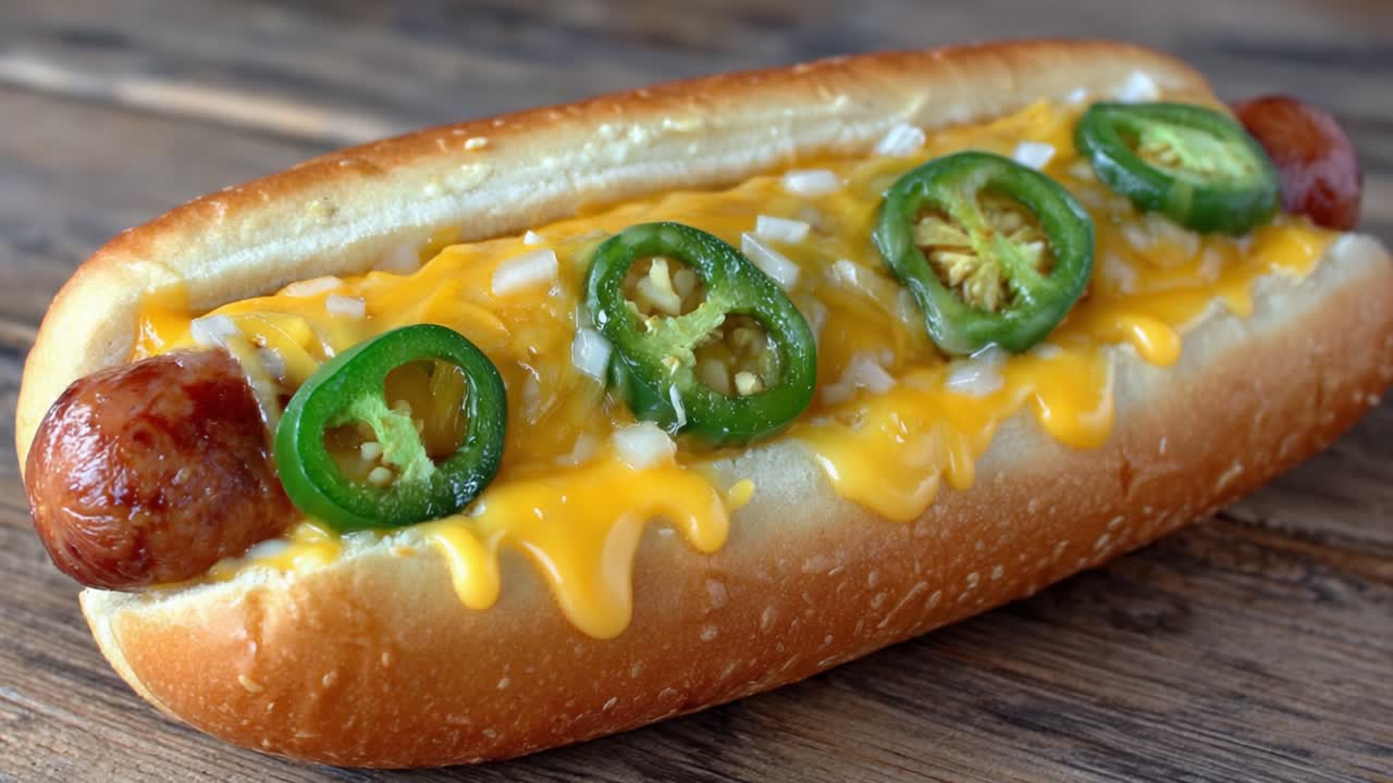 Herkullinen hot dog täytettynä cheddarjuustolla, tulisilla jalapeñoilla ja maukkailla sipuleilla, täydellisesti grillattu maukkaaksi välipalaksi tai ateriaksi
