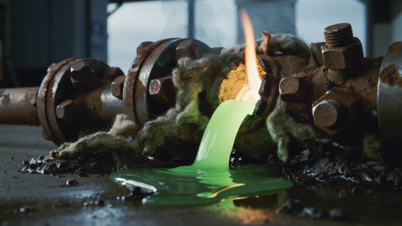 Rottura di tubo corroso con fuoriuscita di liquido verde neon su pavimento in cemento, fiamma che brucia l'isolamento