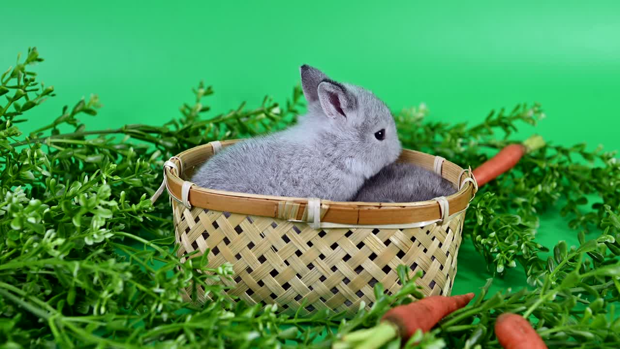 초록색 스크린 배경에 토끼. 영 동물과 부활절에 대한 똑똑한 애완동물