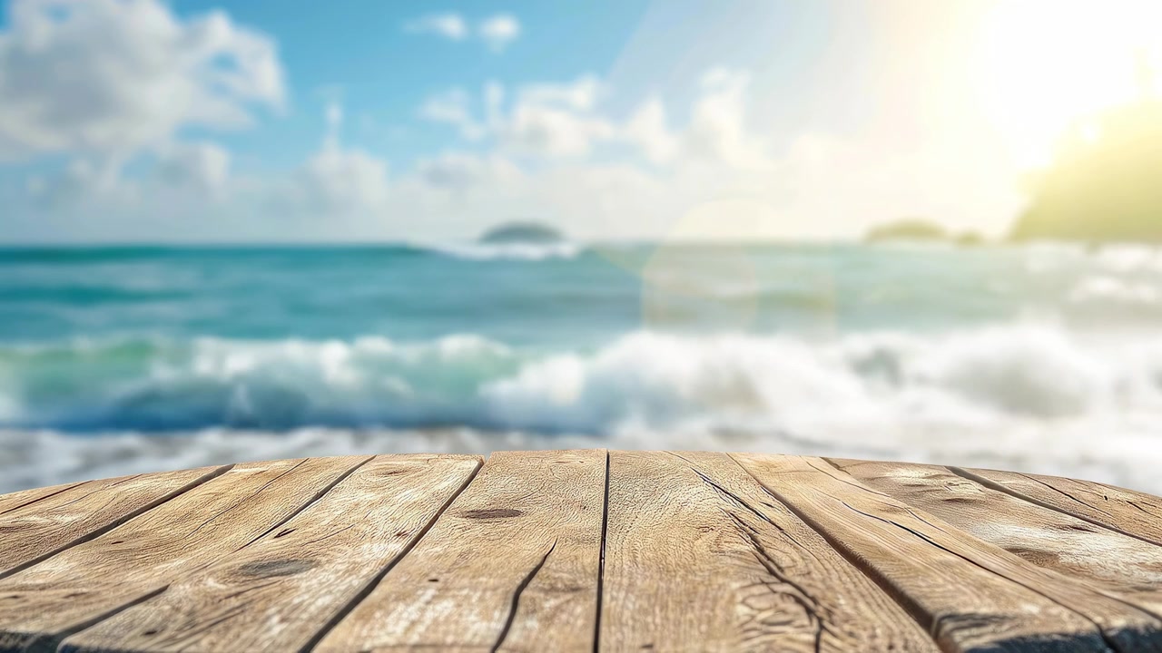 Empty Wooden Table Surface with Blurred Ocean Waves and Sunny Beach Background