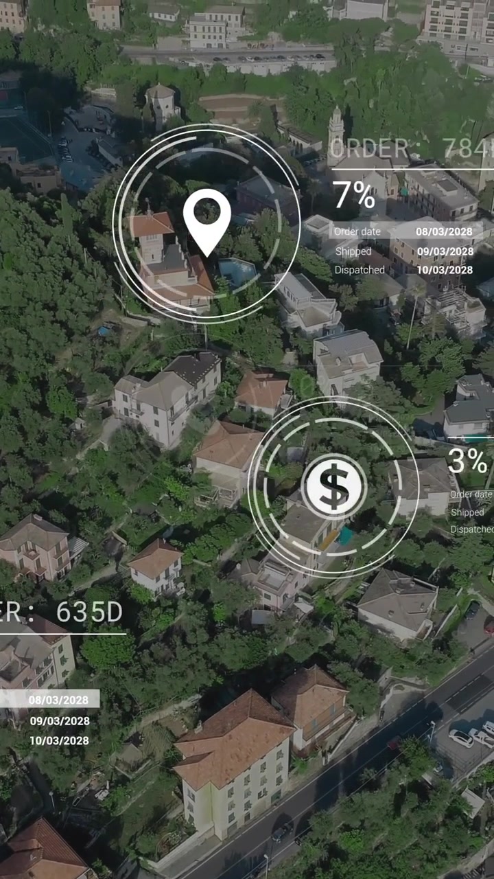 Animation of network of icons and data processing over landscape