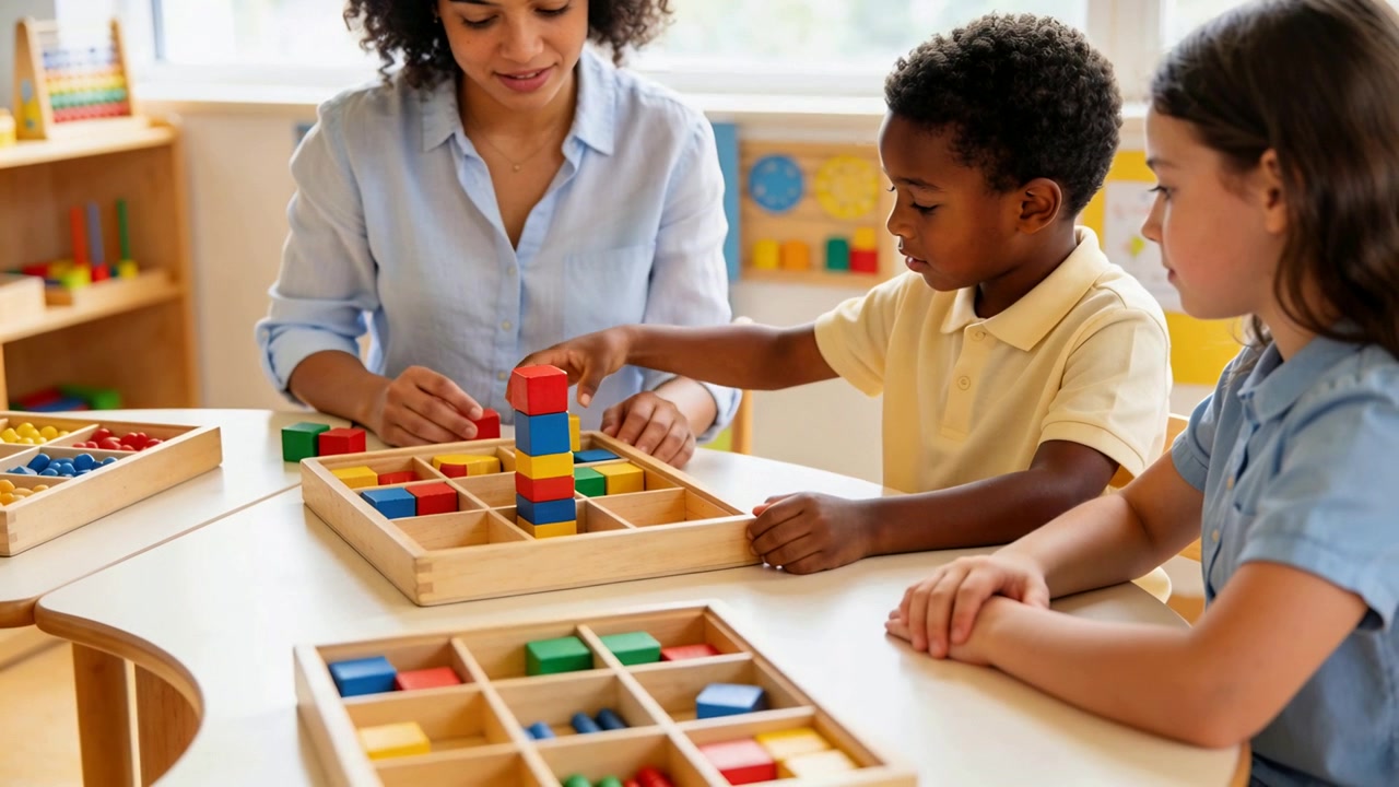 Placing wooden cube, teacher guiding boy building taller block tower at preschool table, with tray