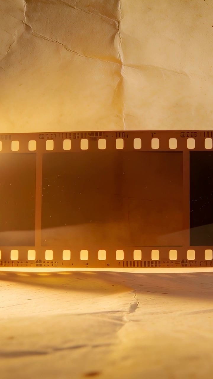 Verticale video: Verschuivend warm licht onthult 35mm film op verfrommeld papier, waarbij perforaties en tinten zichtbaar worden.