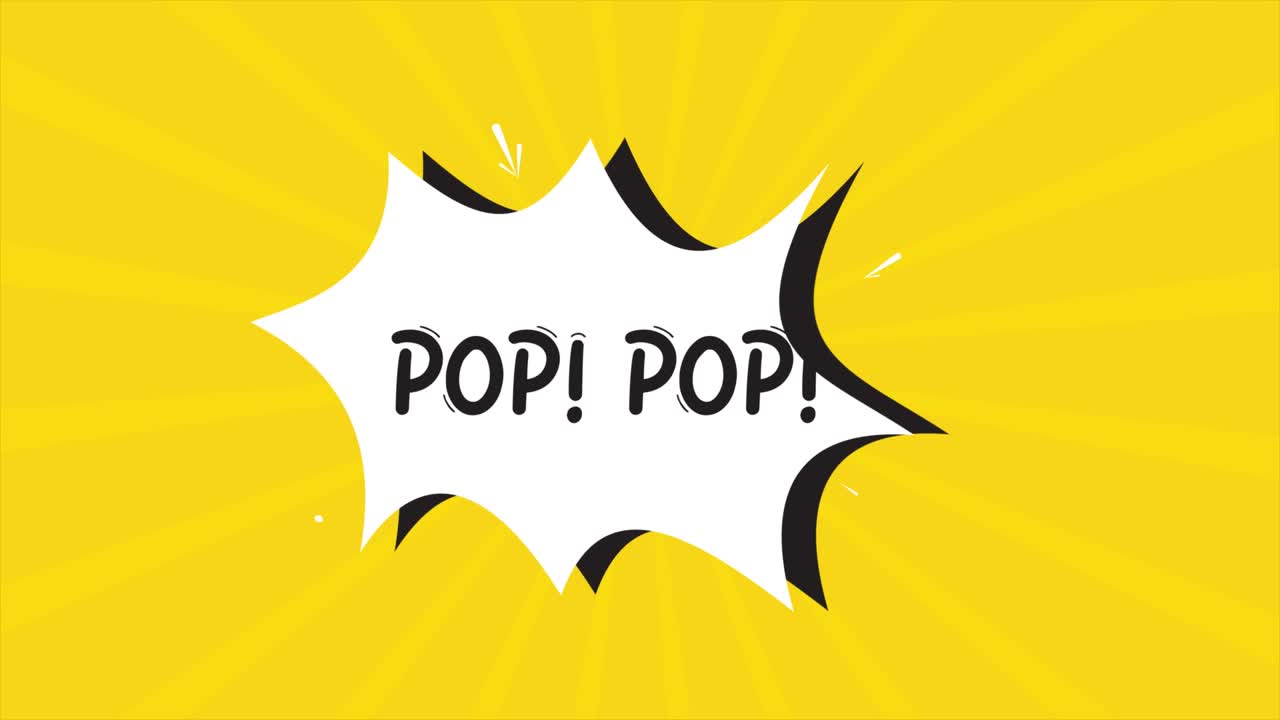 una animación de dibujos animados de tira cómica, con la palabra pop pop apareciendo. fondo amarillo y de medio tono, efecto de forma de estrella