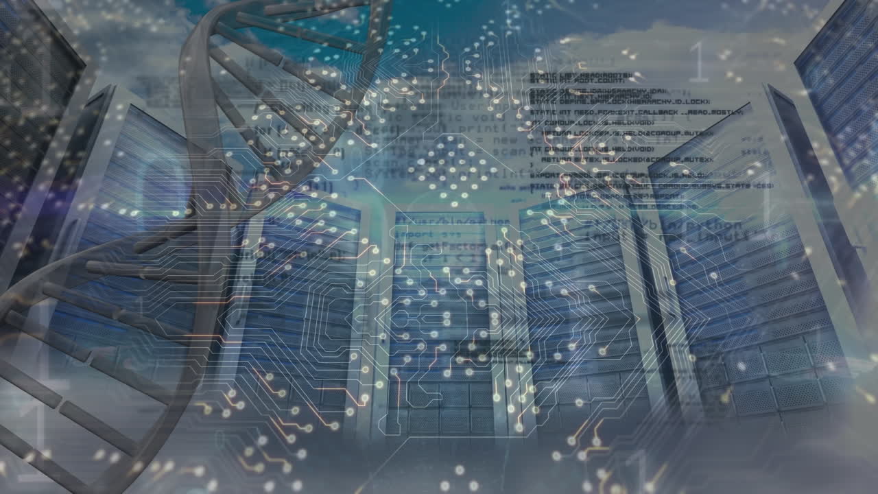 Animation of dna strand and computer circuit board with data processing over server room