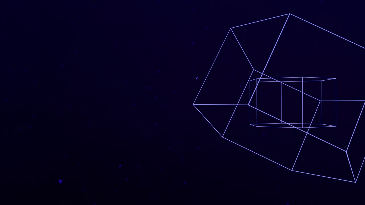 플라이 글리터가 있는 어두운 공간의 추상 기하학적 큐브