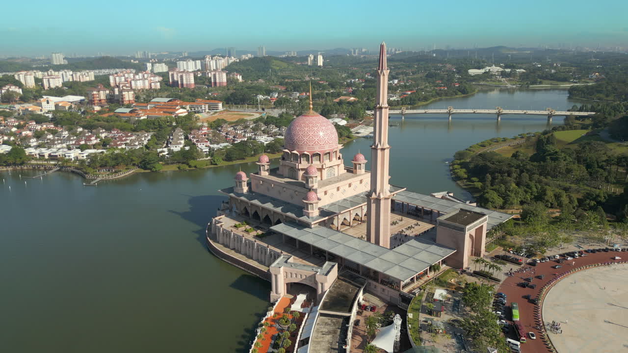 Beautiful Putra Mosque In The Morning Sun Kuala Lumpur Malaysia Drone Rotate 4K 60FPS
