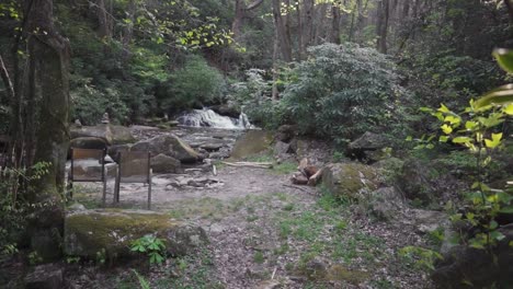 walking shot towards a camp fire and waterfall