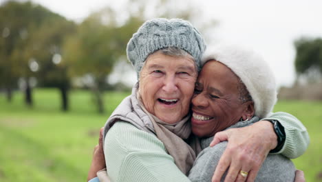 smile, reunion and senior friends hugging