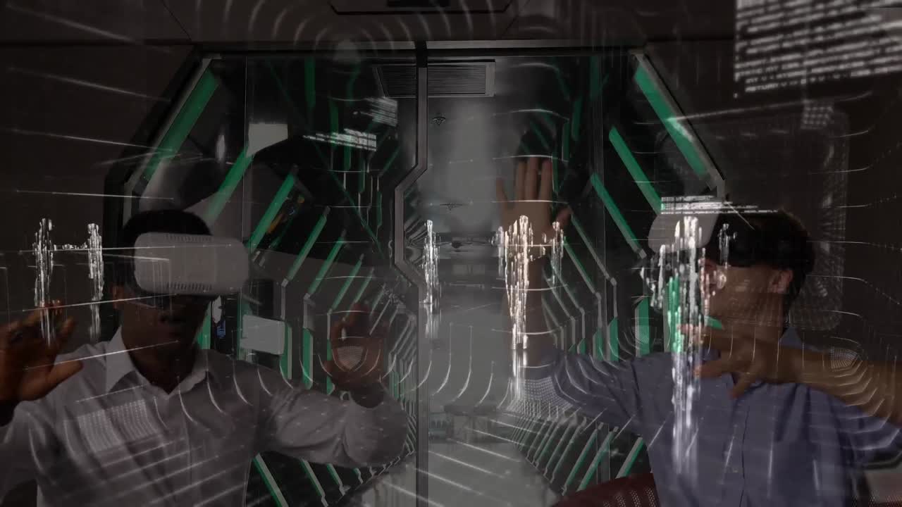 Two men with virtual reality headset with data