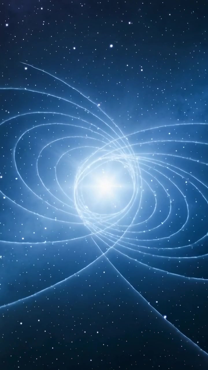 Video verticale: Scia blu in movimento che accende il nucleo vicino al bordo del pianeta, formando stretti campi a spirale.