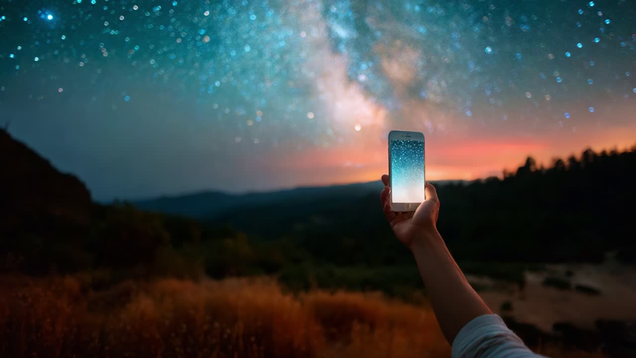 Catturare la bellezza cosmica: uno sguardo a un dispositivo portatile che illumina il cielo notturno ricco di colori tra uno straordinario spettacolo di stelle e meraviglie celesti