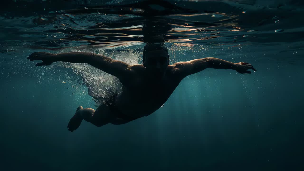 Propelling swimmer after surfacing in pool, kicking with swim cap and trunks, forming bubble plume