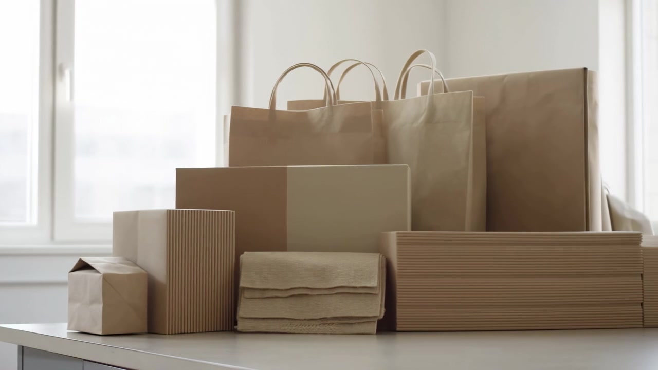 Mid-sequence staging of kraft packaging on tabletop near window with soft daylight and minimalist