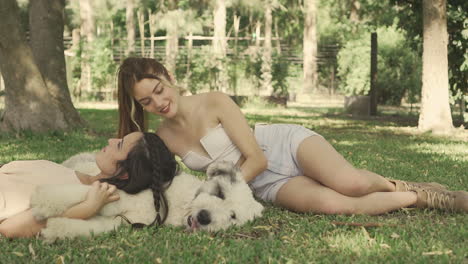 young women pet a big dog lying on the grass