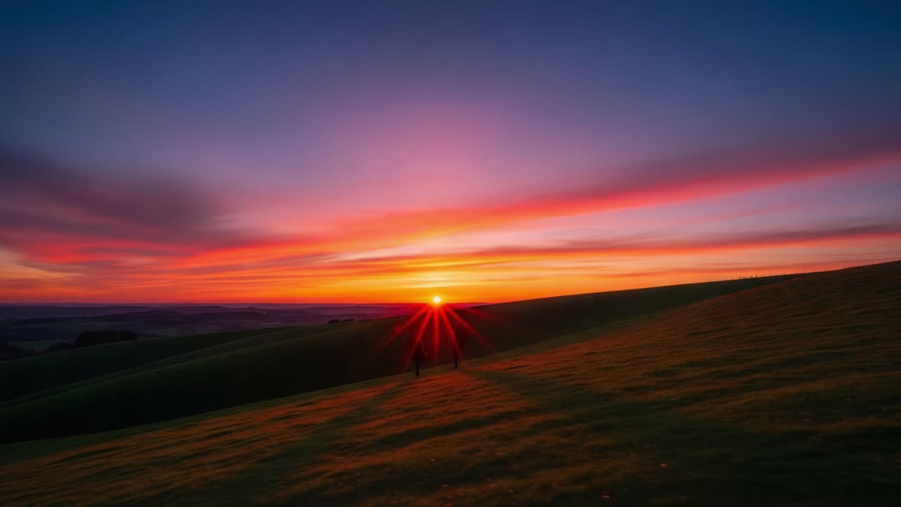 Vibrant Sunset Over Rolling Hills with Silhouetted Figures